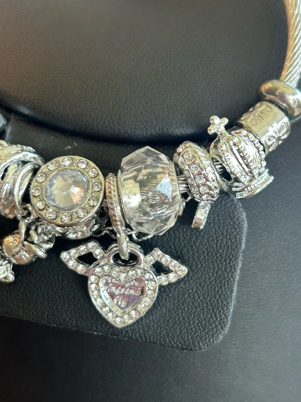 Brand New  Silver-Tone Charm Bangle Bracelet with Crystal and Heart Charms